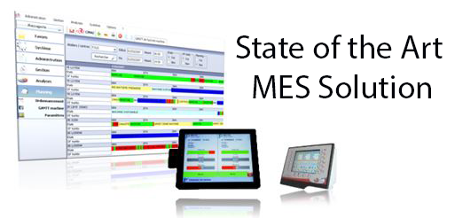 Screenshot from CIMAG MES next to the text "State of the Art MES Solution"