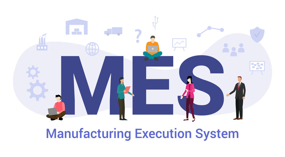 IMCO manufacturing software mes manufacturing execution system concept with big word or text and team people with modern flat style - vector