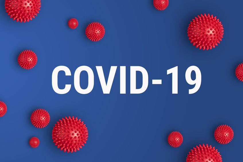 blue background with text "COVID-19" and covid molecules floating around it