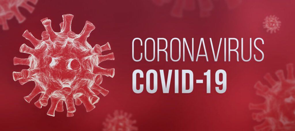 covid 19 molecule, with text "coronavirus COVID-19"