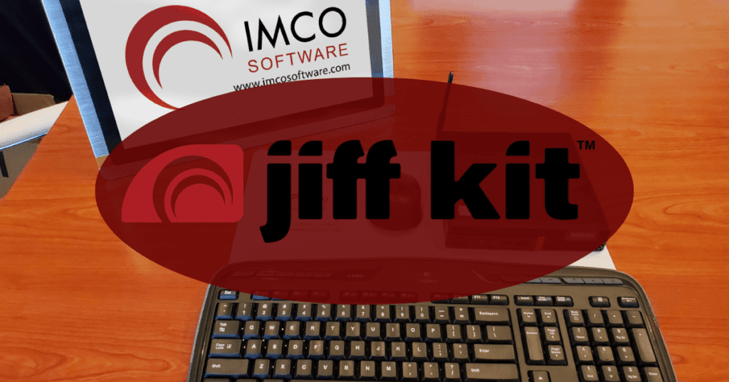 Jiff Kit logo overlayed on a display of the Jiff-kit. Shows a monitor with the IMCO logo, a wireless mouse and keyboard, and a mini desktop that contains the Jiff Kit software