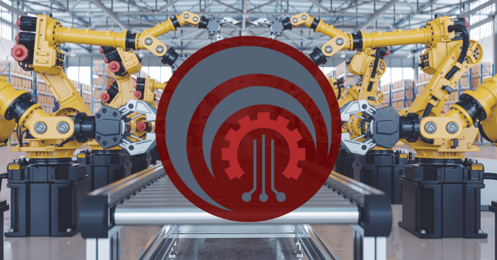 FactoryAI machine learning software logo in front of factory machines assembling goods