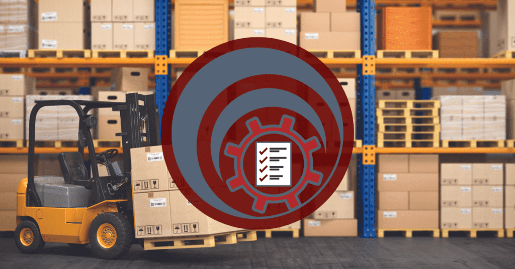 OptiPoint inventory management software logo in front of a warehouse with forklift and inventory boxes