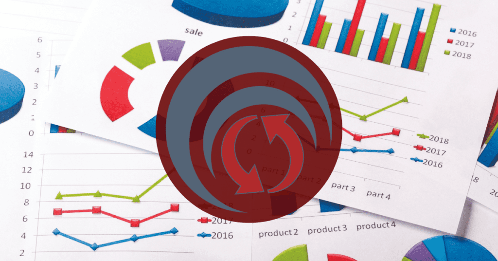 PLan360 Long term planning software logo over a photo pf stacked growth and revenue charts for a factory