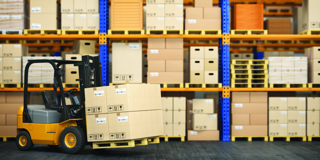 Forklift truck in storage warehouse. Fork lift lifting pallet with cardboard boxes. 3d illustration