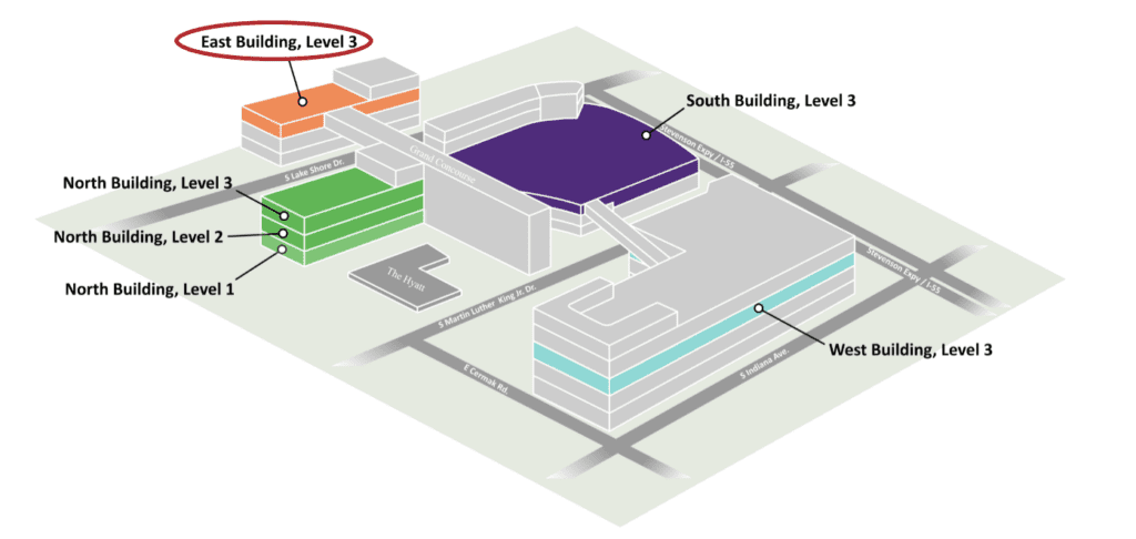 IMTS Building (exterior) floorplan showing the different areas for the show. Circled in red is the text "East Building, Level 3"