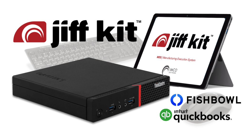 graphic with a miniature desktop pc, a monitor with the Jiff-Kit logo displayed, the jiff kit logo, and the Fishbowl and Quickbooks logos